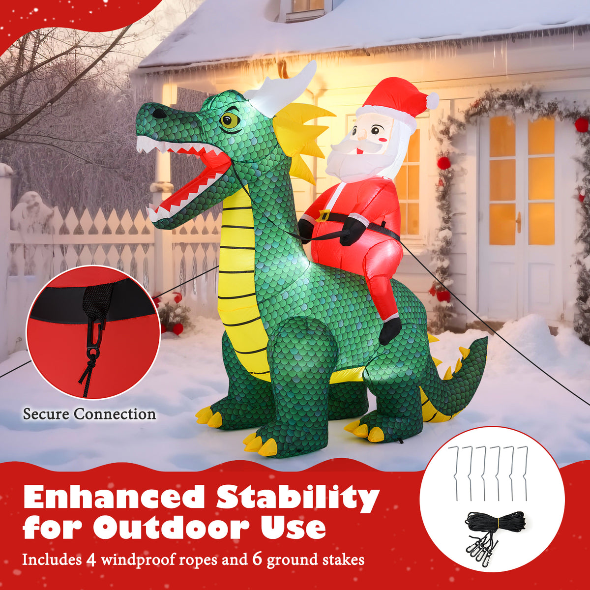 Inflatable Santa Claus Riding Dinosaur with LED Lights - 6.7 Feet Outdoor Decor Variation: Santa Riding Dragon