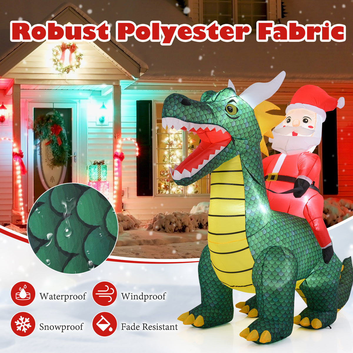 Inflatable Santa Claus Riding Dinosaur with LED Lights - 6.7 Feet Outdoor Decor Variation: Santa Riding Dragon