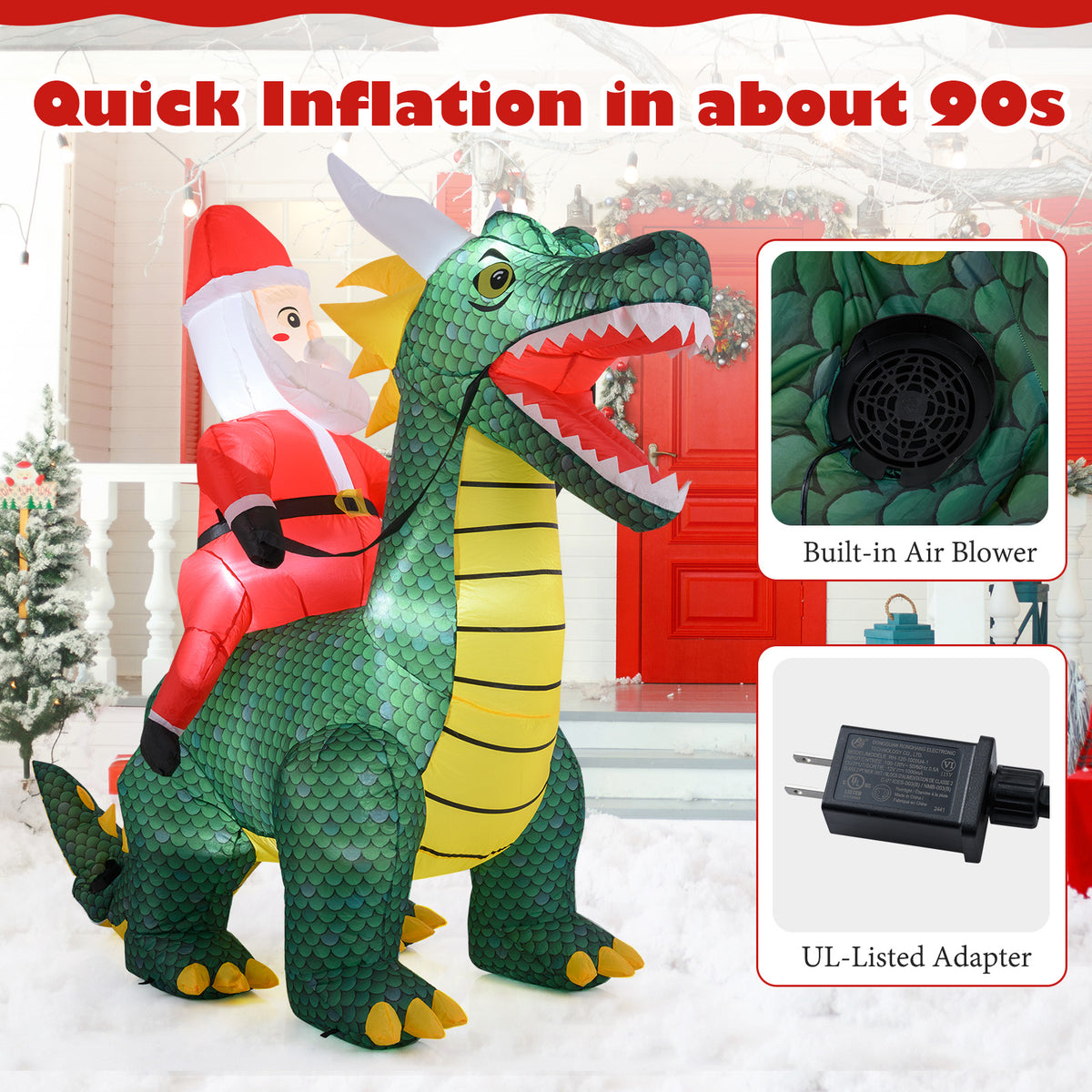 Inflatable Santa Claus Riding Dinosaur with LED Lights - 6.7 Feet Outdoor Decor Variation: Santa Riding Dragon