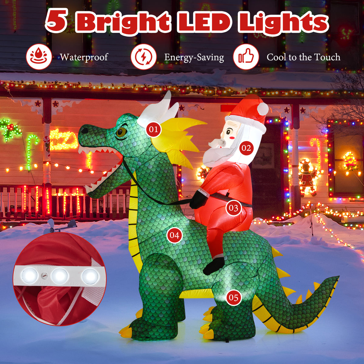 Inflatable Santa Claus Riding Dinosaur with LED Lights - 6.7 Feet Outdoor Decor Variation: Santa Riding Dragon