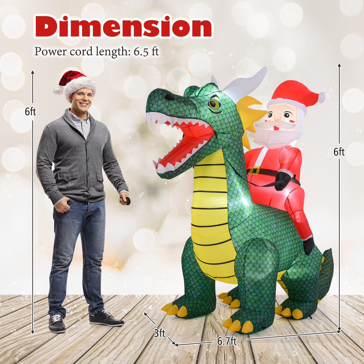 Inflatable Santa Claus Riding Dinosaur with LED Lights - 6.7 Feet Outdoor Decor Variation: Santa Riding Dragon