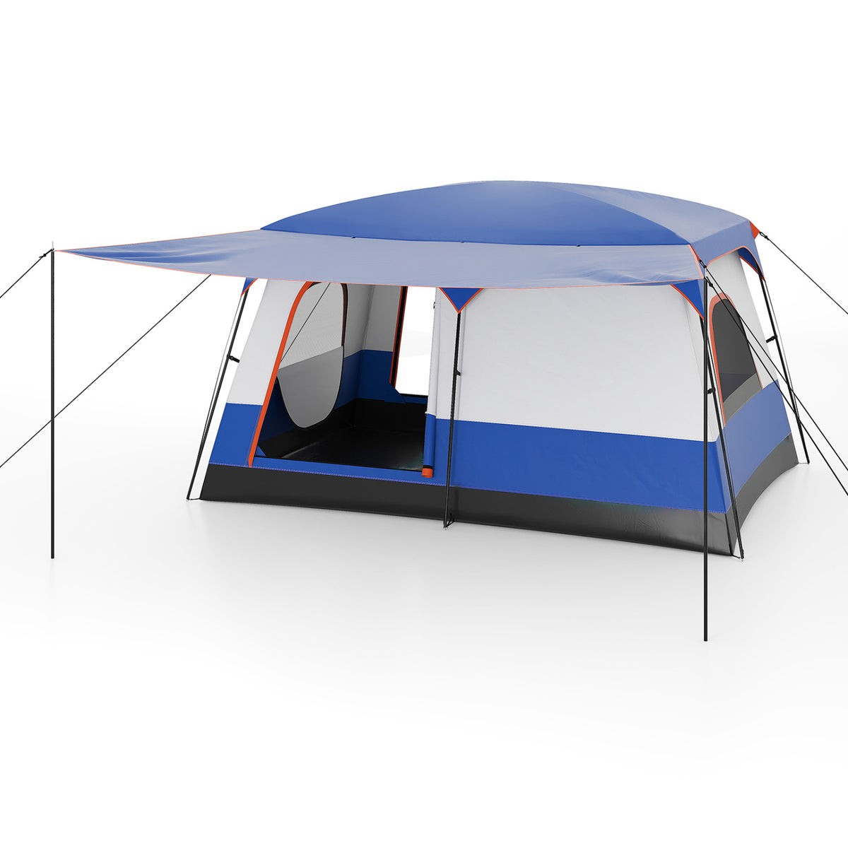 6-8 Person Camping Tent with Double Rooms, Front Porch & Skylight - Navy