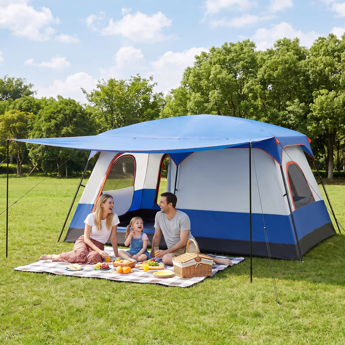 6-8 Person Camping Tent with Double Rooms, Front Porch & Skylight - Navy