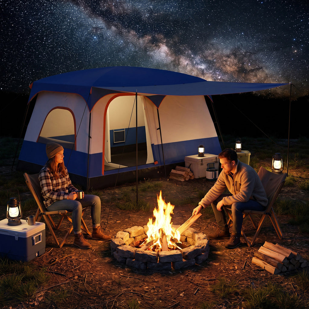 6-8 Person Camping Tent with Double Rooms, Front Porch & Skylight - Navy