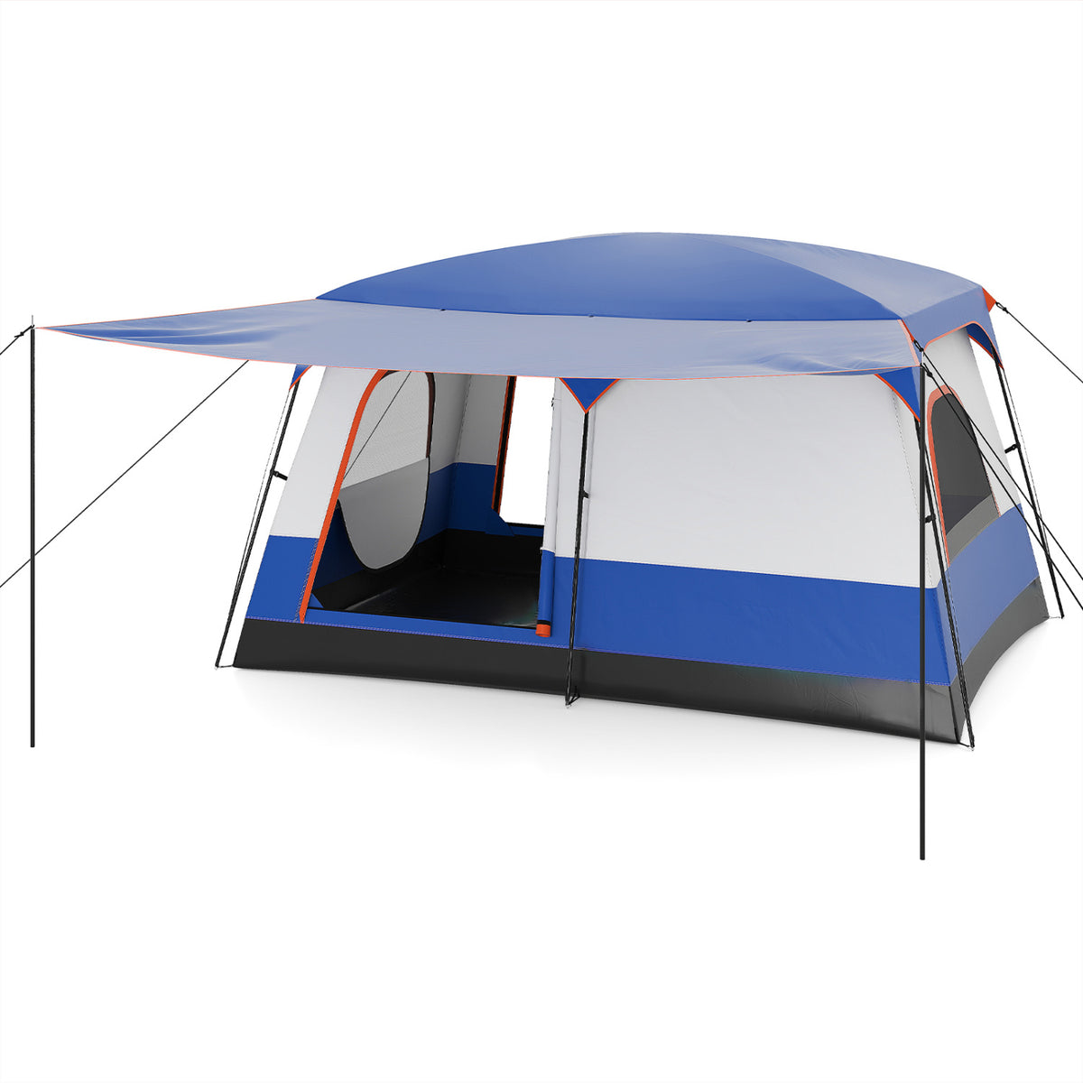 6-8 Person Camping Tent with Double Rooms, Front Porch & Skylight - Navy