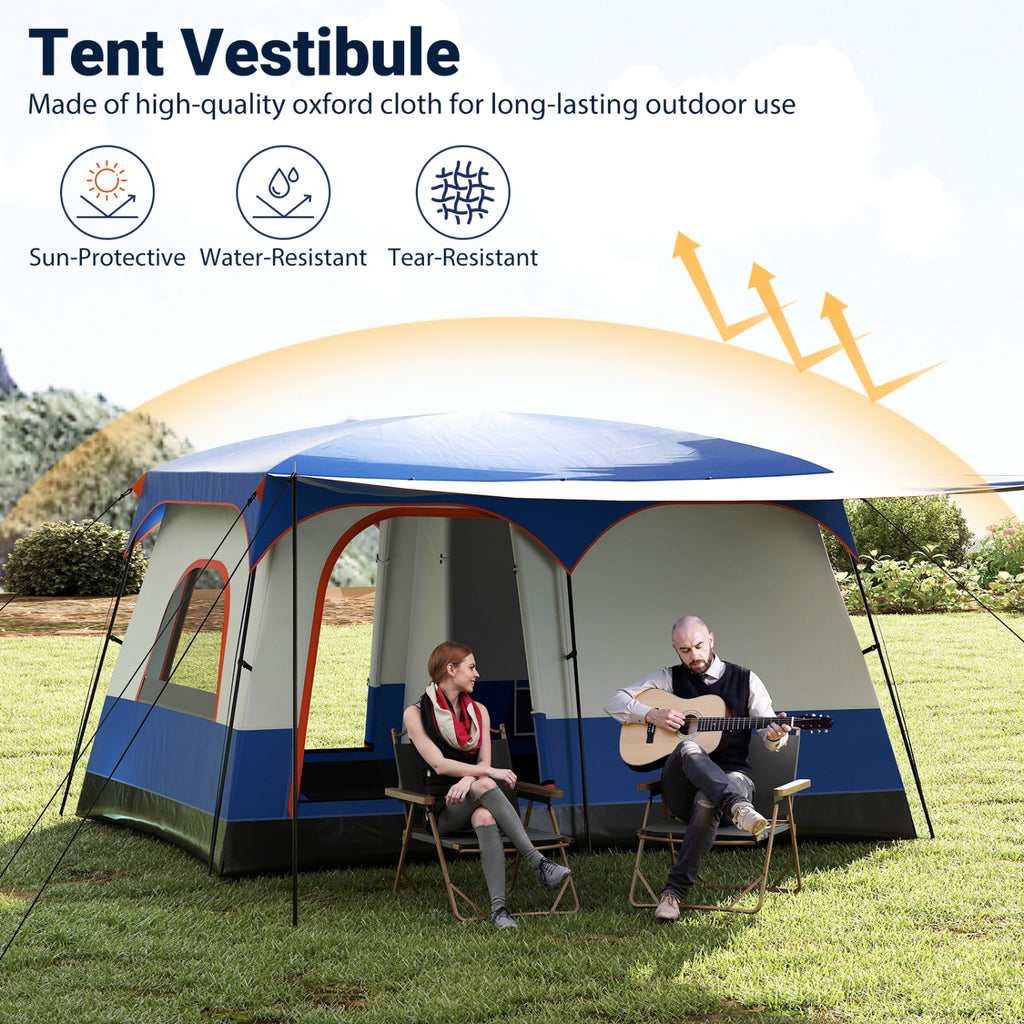 6-8 Person Camping Tent with Double Rooms, Front Porch & Skylight - Navy