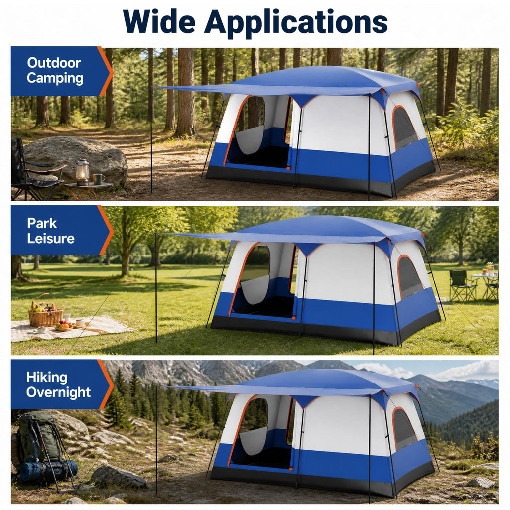 6-8 Person Camping Tent with Double Rooms, Front Porch & Skylight - Navy