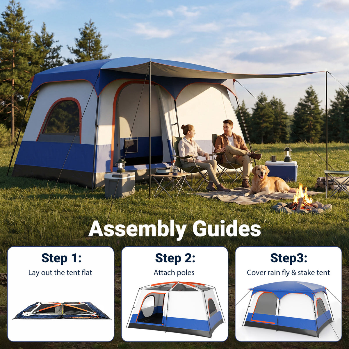 6-8 Person Camping Tent with Double Rooms, Front Porch & Skylight - Navy