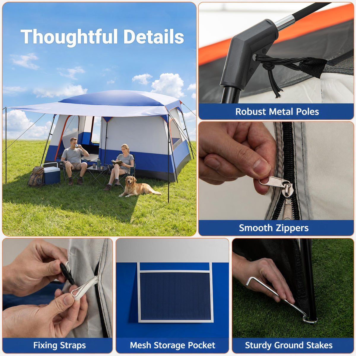 6-8 Person Camping Tent with Double Rooms, Front Porch & Skylight - Navy