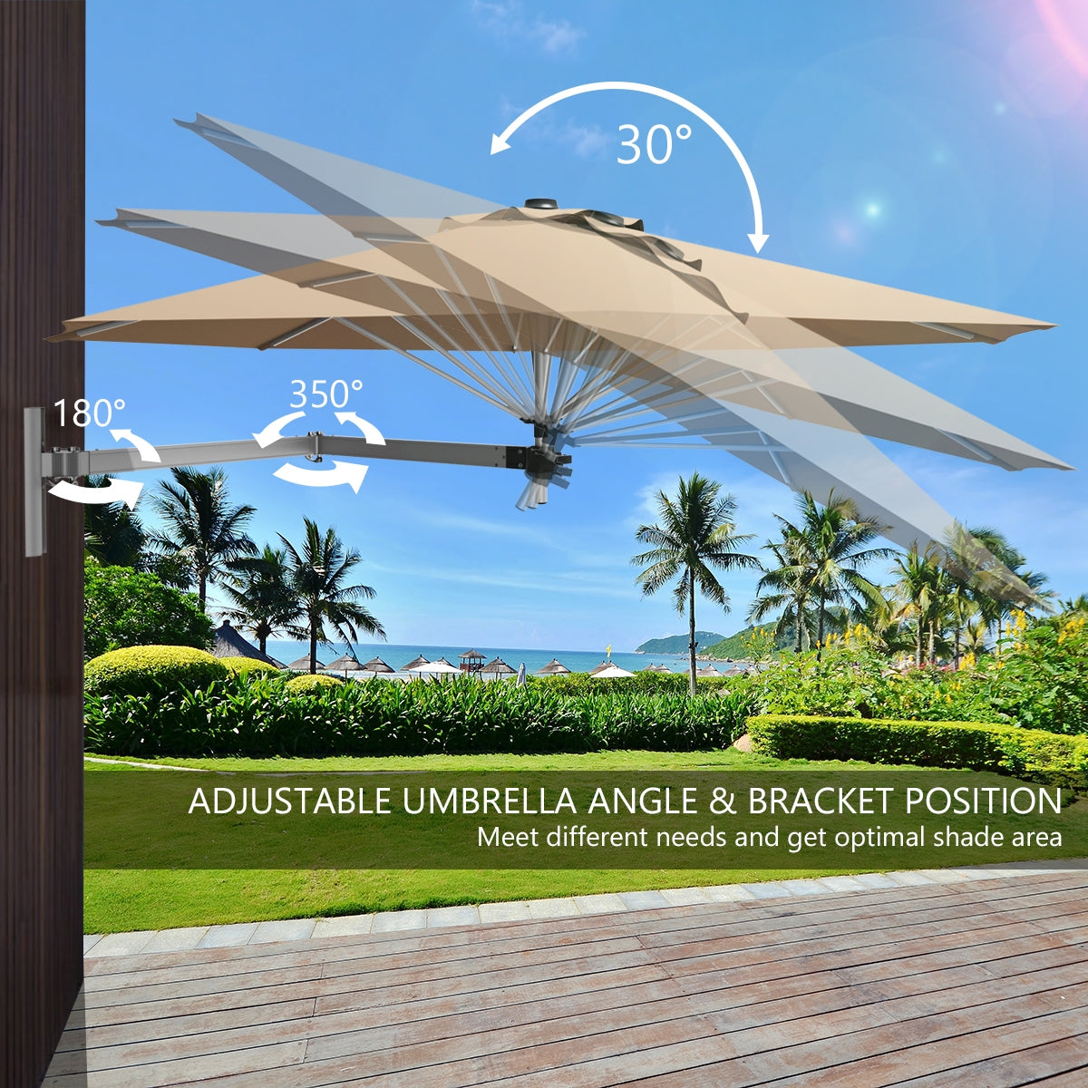 8 Feet Wall Mounted Patio Umbrella with Adjustable Pole