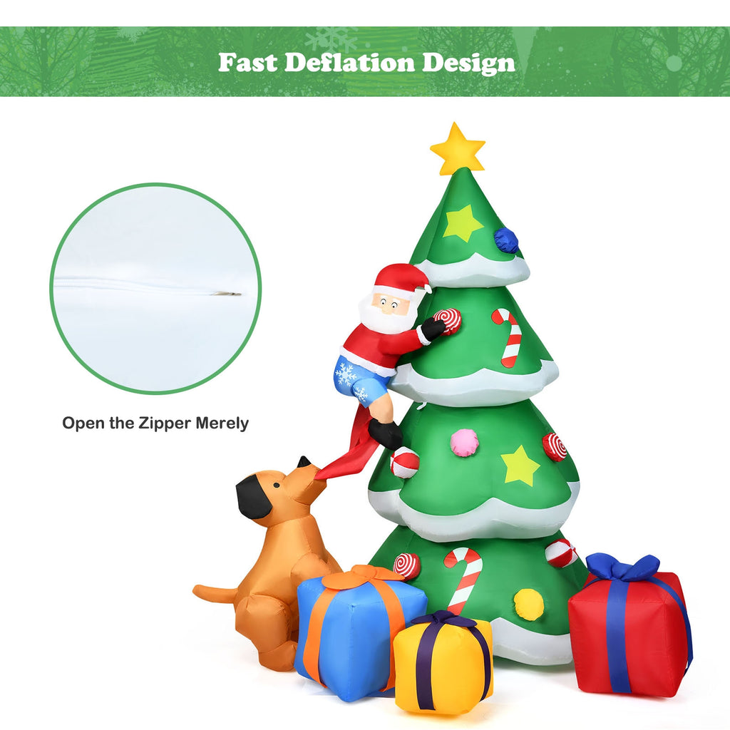 Inflatable Christmas Tree with Santa Puppy & LED Lights - 7 Feet, Dog Chasing Santa Variation