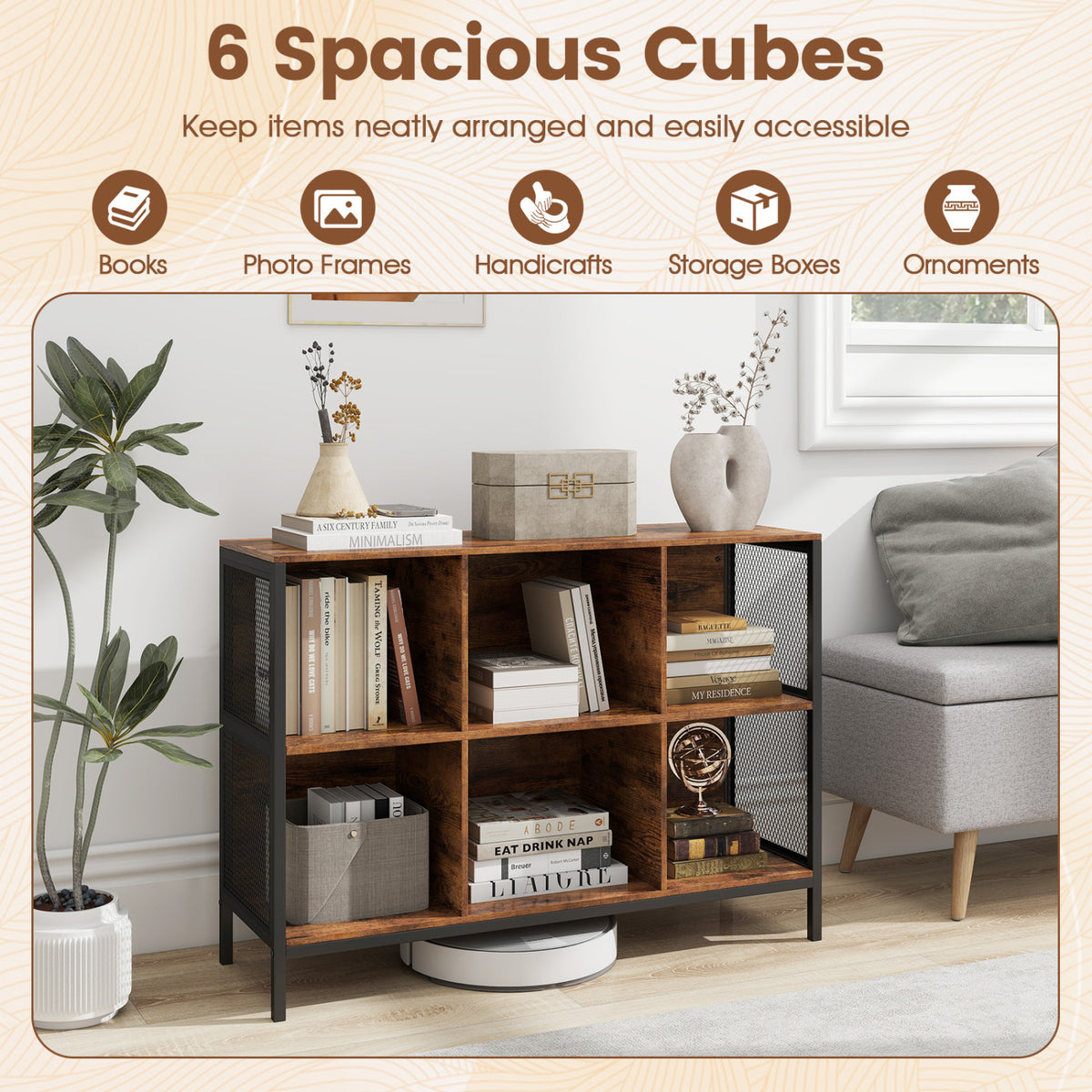 6-Cube Bookcase 42" Wide Rustic Brown Bookshelf