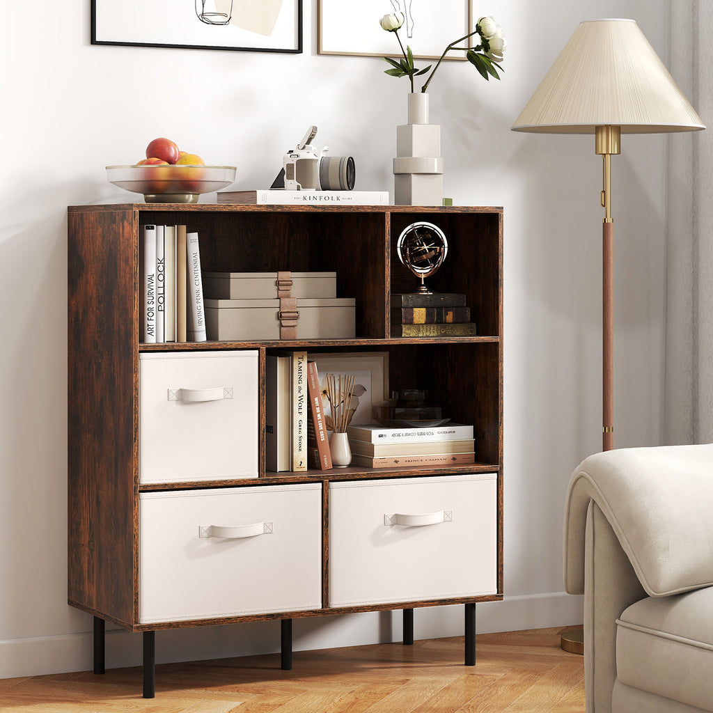 6-Cube Bookshelf with Removable Fabric Drawers - Rustic Brown