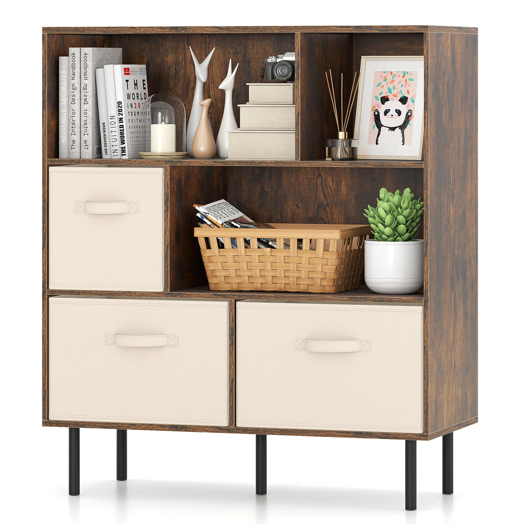 6-Cube Bookshelf with Removable Fabric Drawers - Rustic Brown