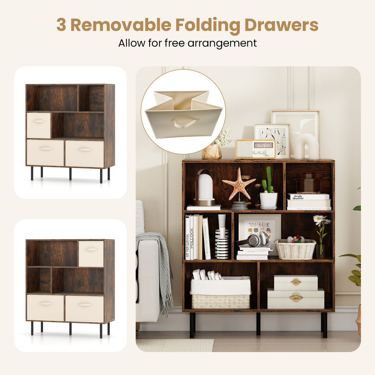 6-Cube Bookshelf with Removable Fabric Drawers - Rustic Brown