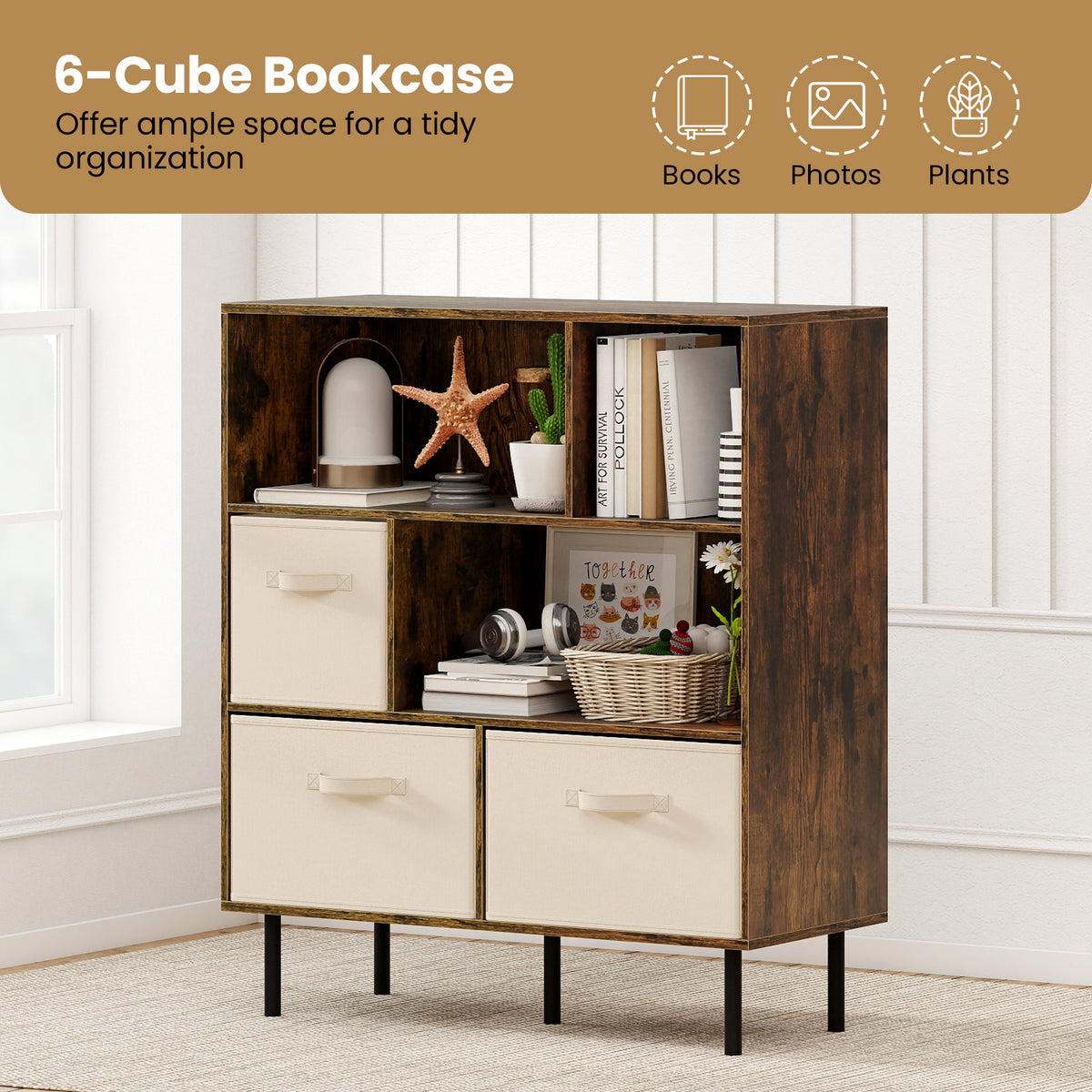 6-Cube Bookshelf with Removable Fabric Drawers - Rustic Brown