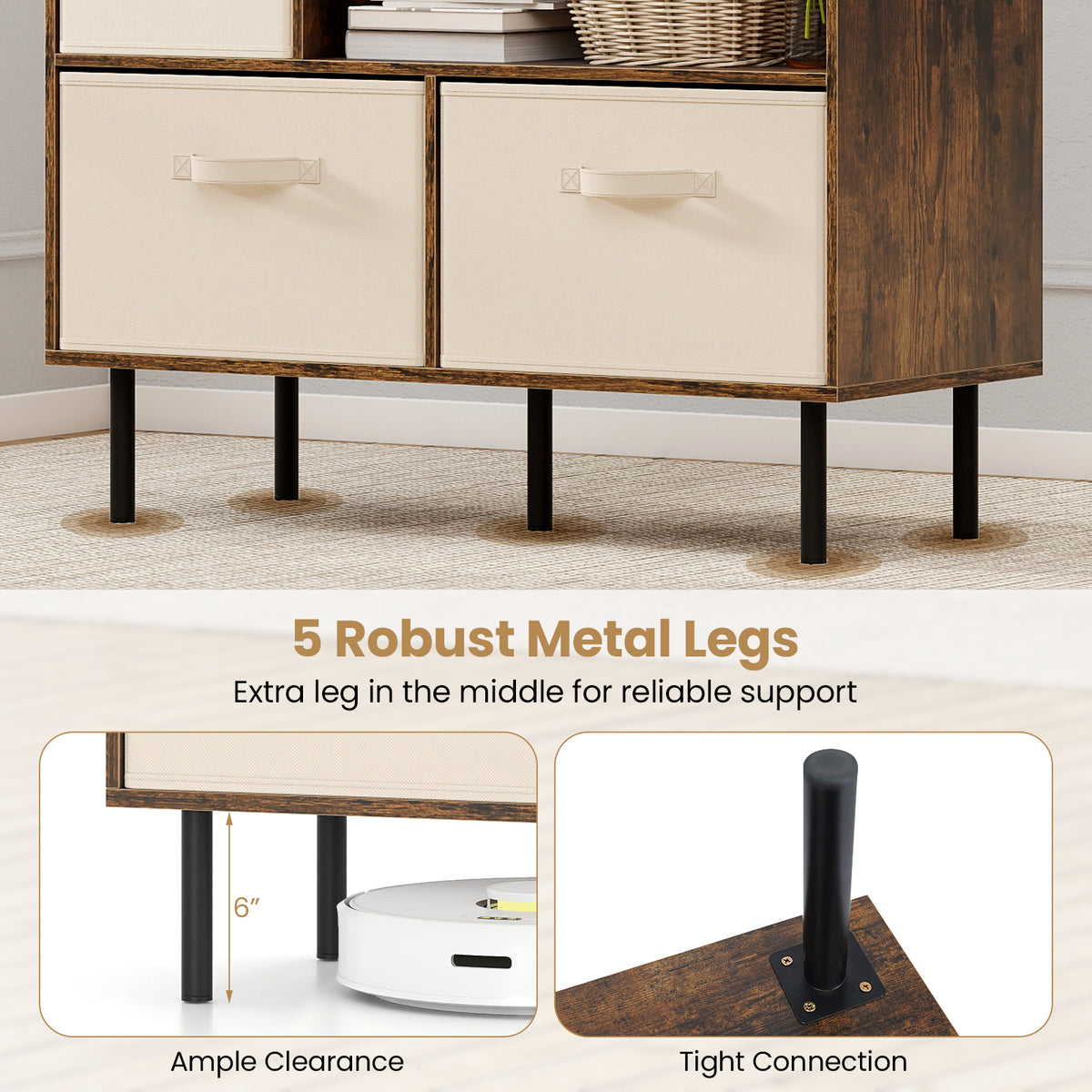 6-Cube Bookshelf with Removable Fabric Drawers - Rustic Brown