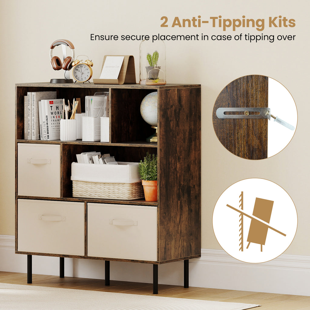 6-Cube Bookshelf with Removable Fabric Drawers - Rustic Brown