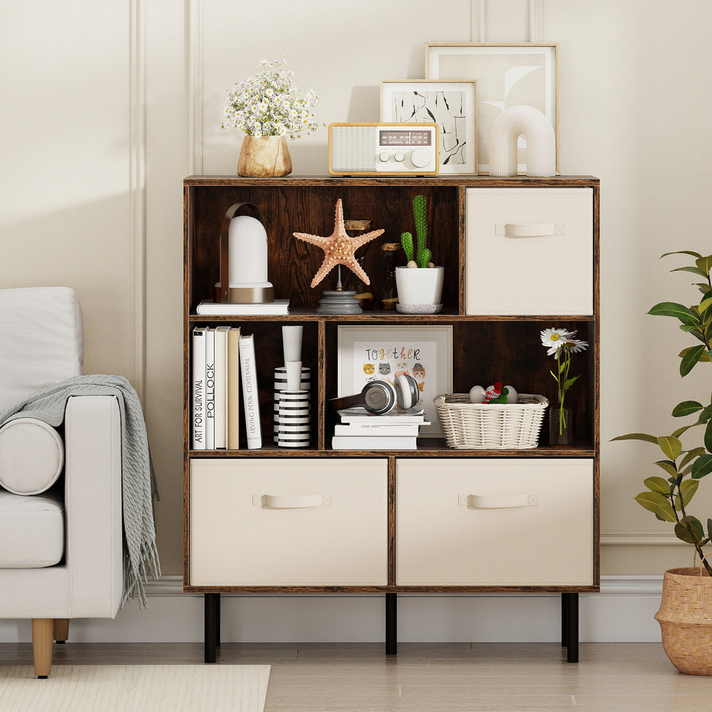 6-Cube Bookshelf with Removable Fabric Drawers - Rustic Brown