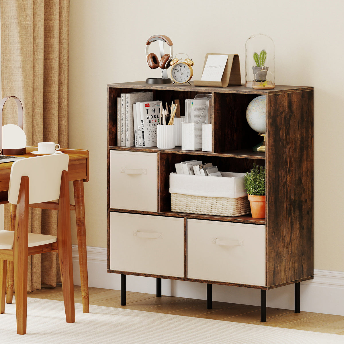 6-Cube Bookshelf with Removable Fabric Drawers - Rustic Brown