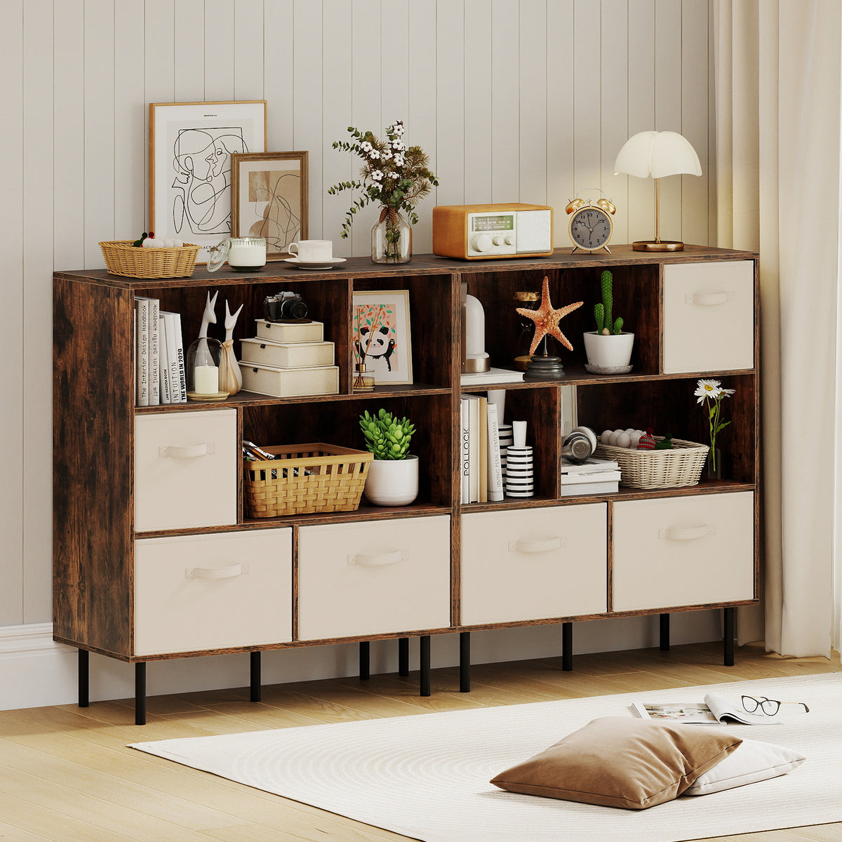 6-Cube Bookshelf with Removable Fabric Drawers - Rustic Brown