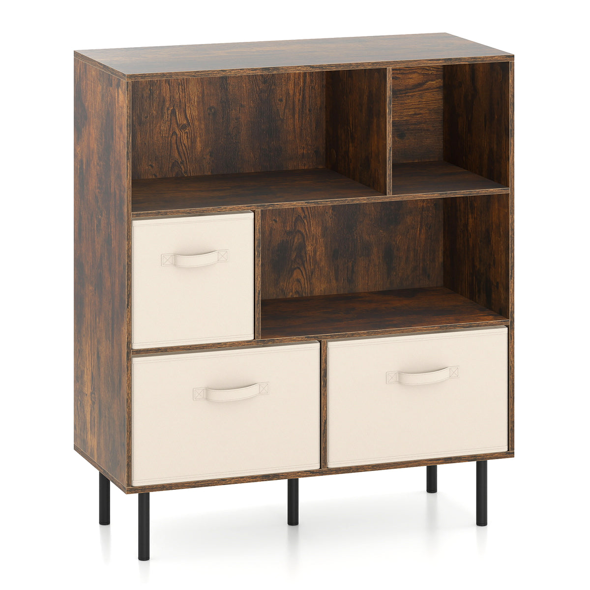 6-Cube Bookshelf with Removable Fabric Drawers - Rustic Brown