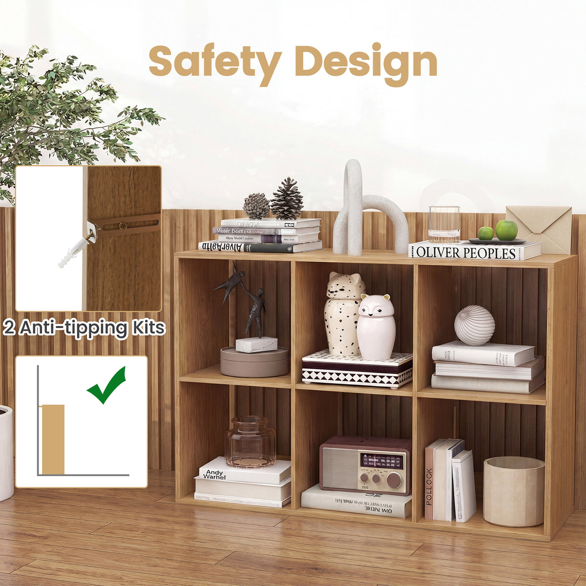 6 Cube Bookshelf with Back Guardrail - Natural