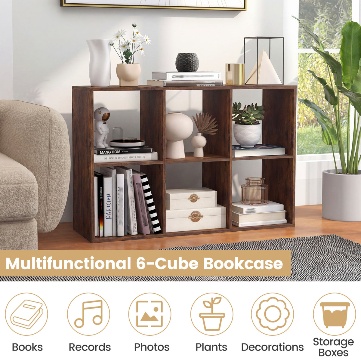 6 Cube Bookshelf Rustic Brown - Living Room Storage