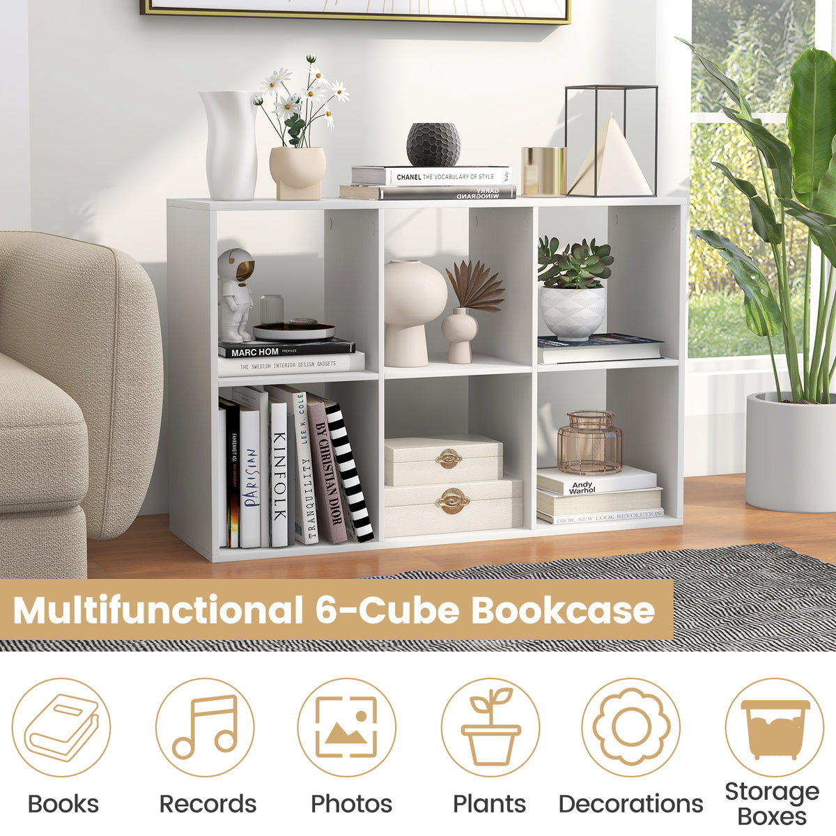 6 Cube Bookshelf with Guardrail - White