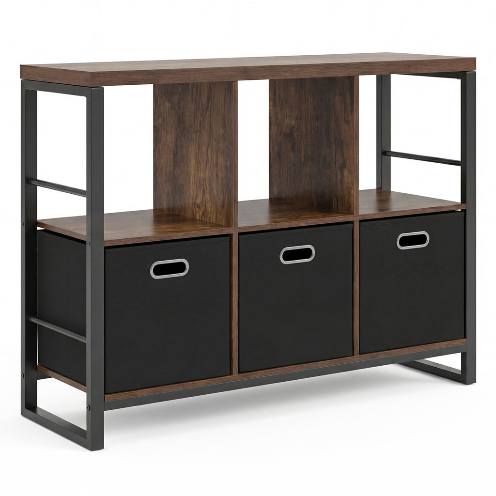 6 Cube Industrial Short Bookshelf with 3 Bins & Metal Frame and Open