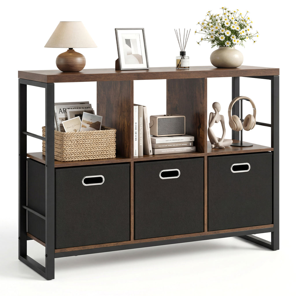 6 Cube Industrial Short Bookshelf with 3 Bins & Metal Frame and Open