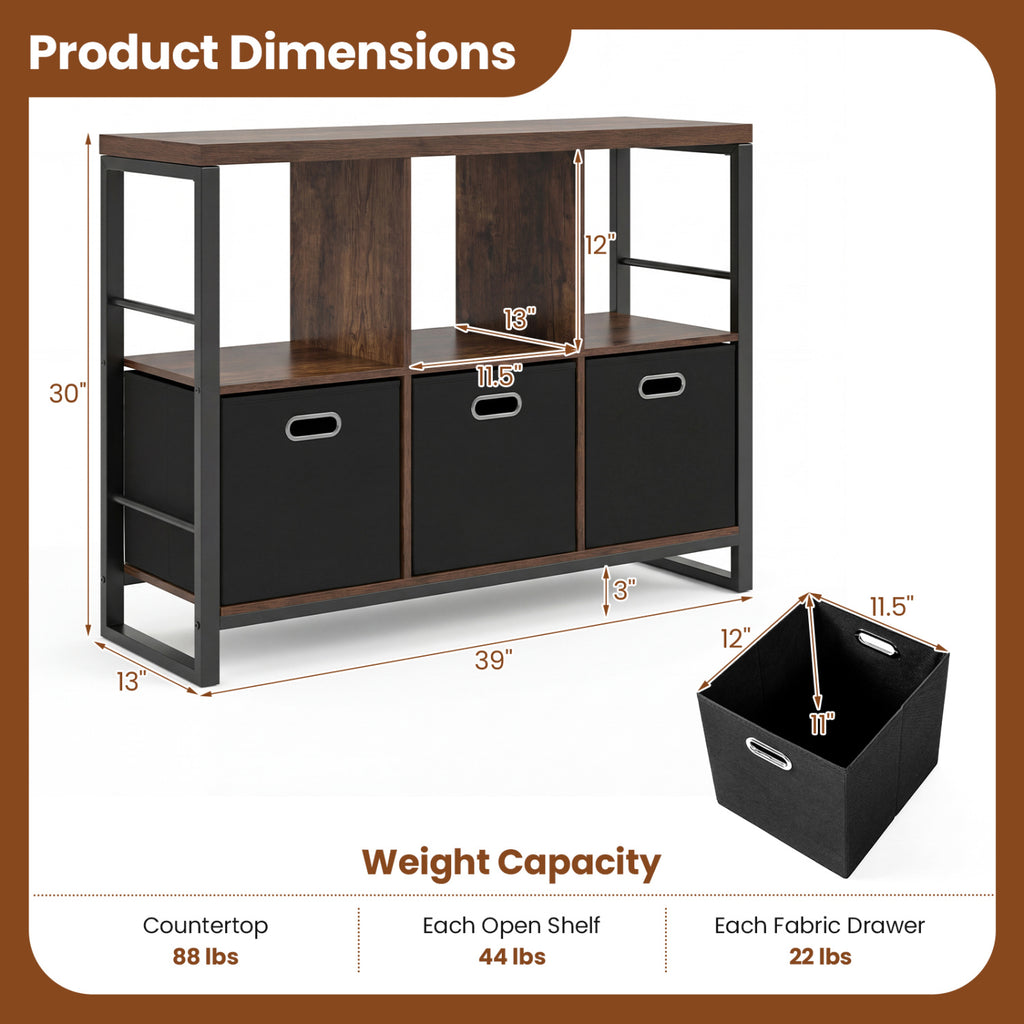 6 Cube Industrial Short Bookshelf with 3 Bins & Metal Frame and Open