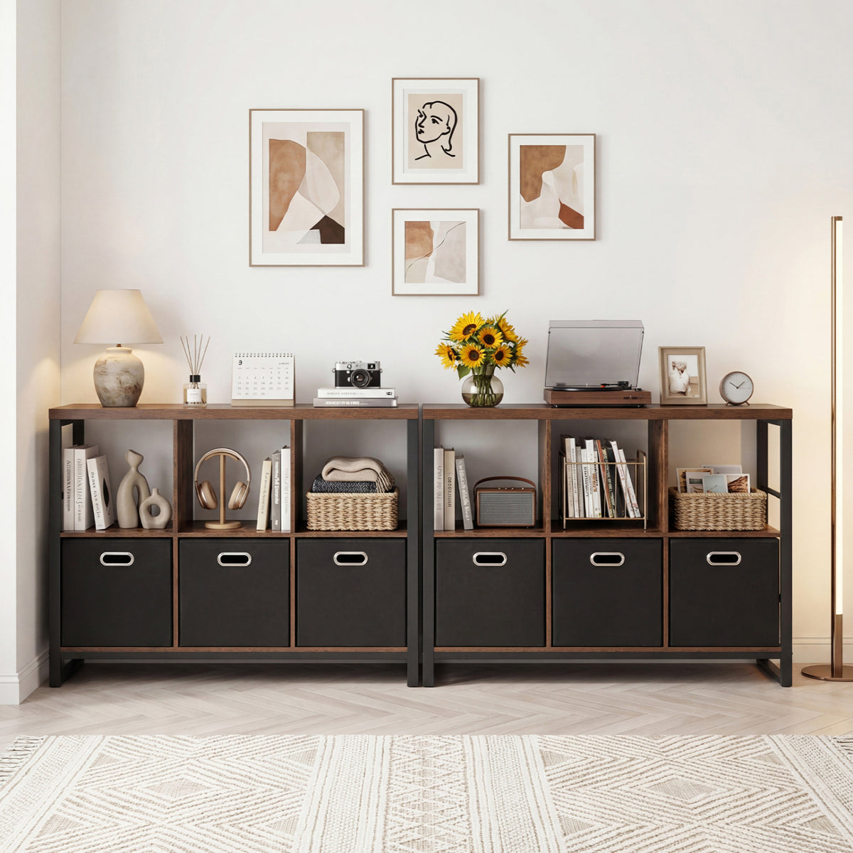 6 Cube Industrial Short Bookshelf with 3 Bins & Metal Frame and Open
