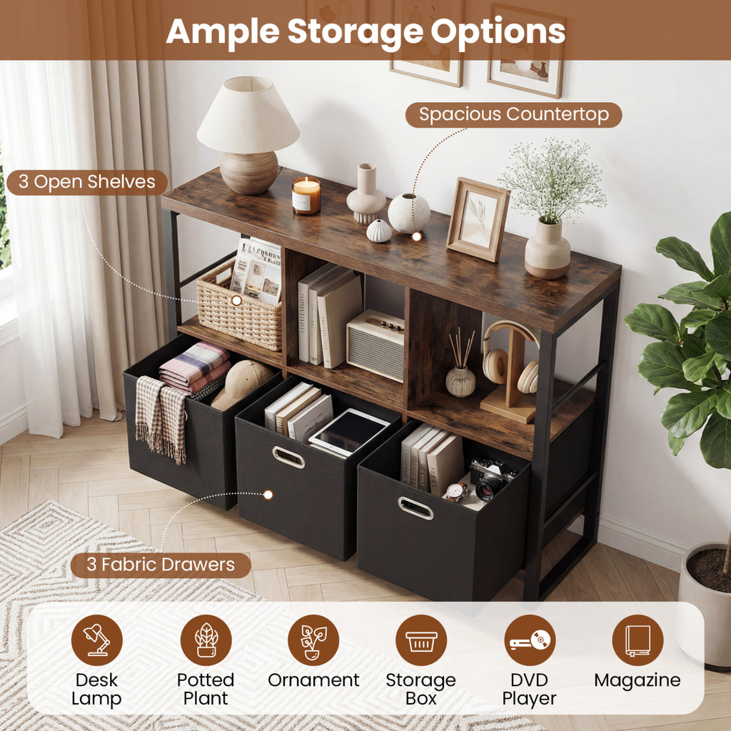 6 Cube Industrial Short Bookshelf with 3 Bins & Metal Frame and Open