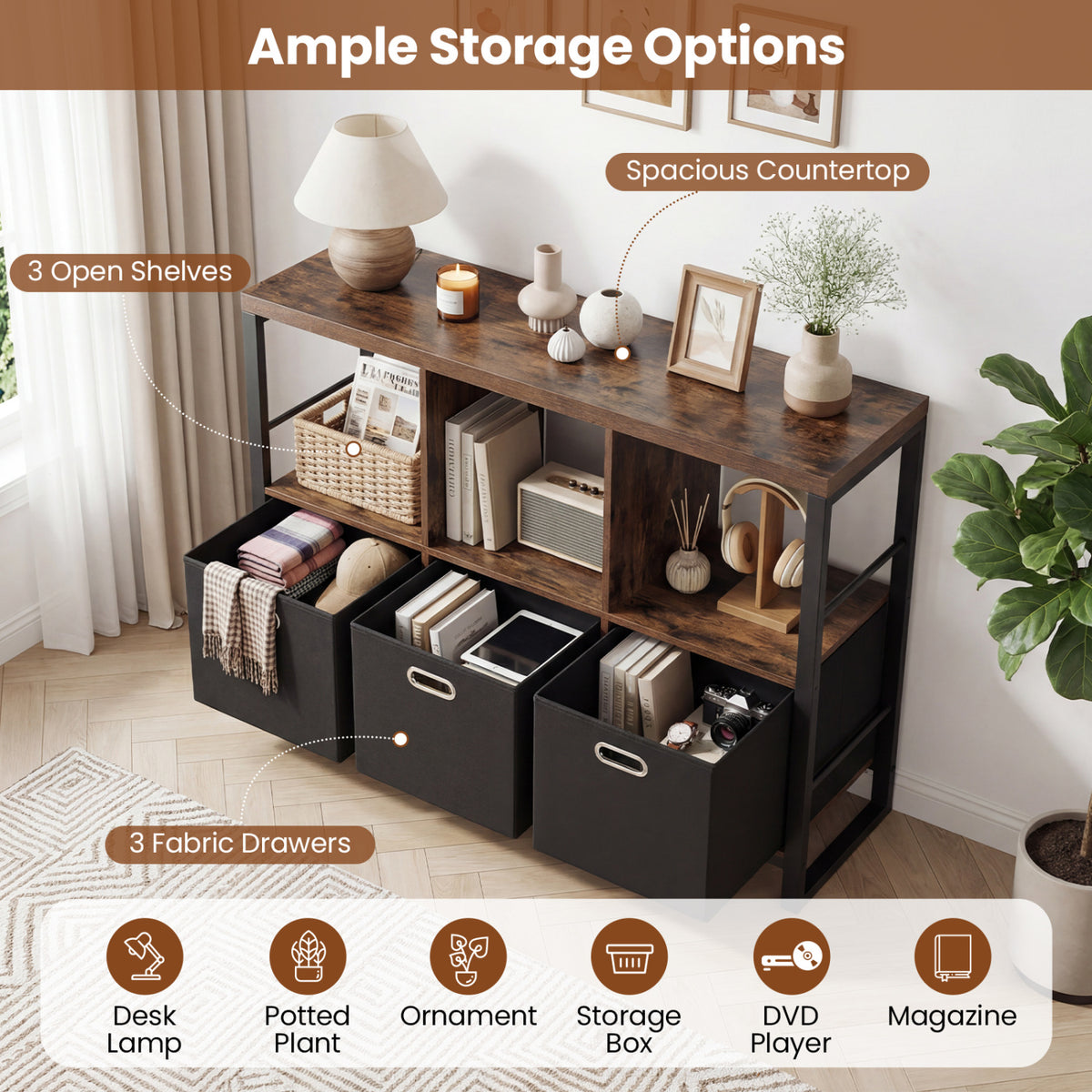 6 Cube Industrial Short Bookshelf with 3 Bins & Metal Frame and Open