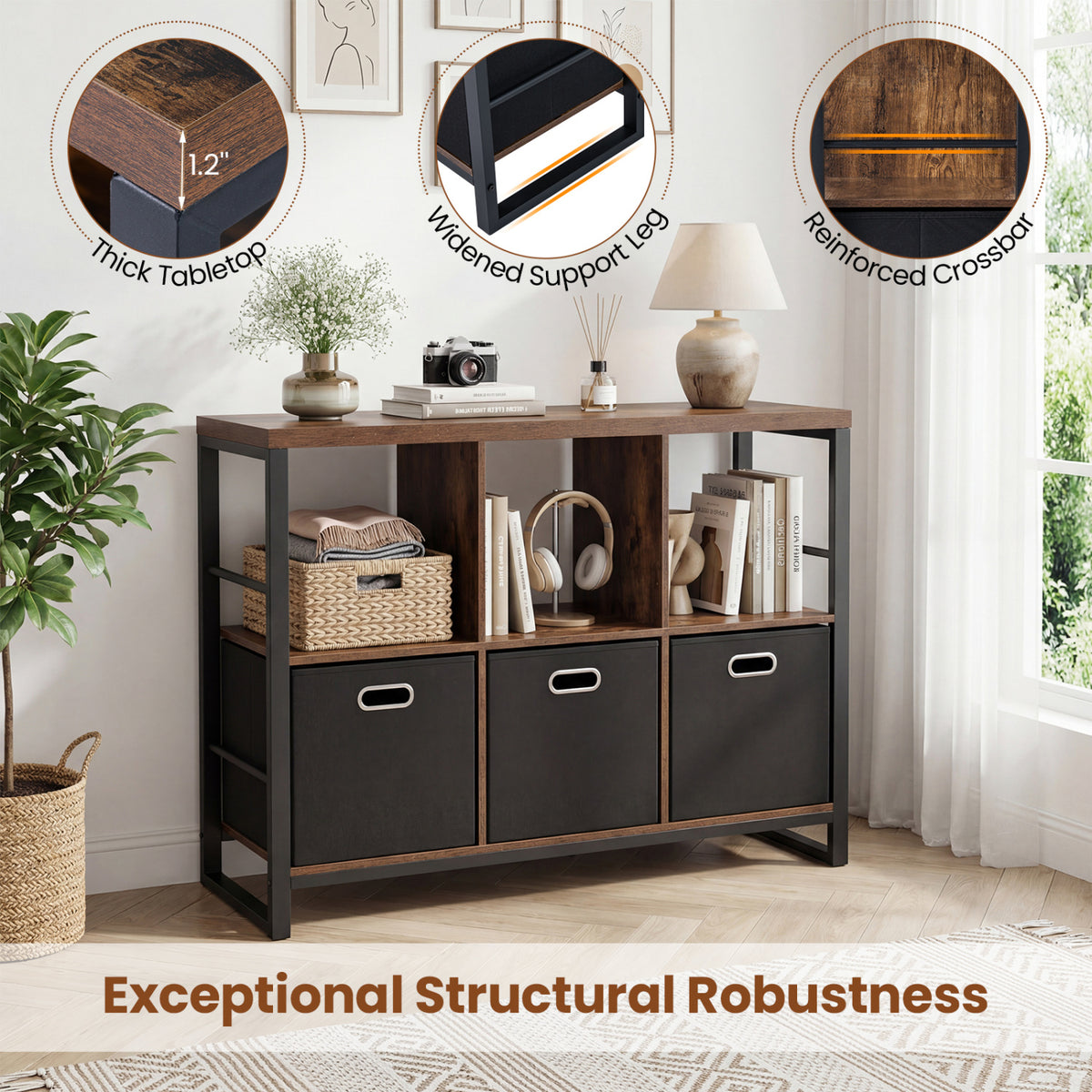 6 Cube Industrial Short Bookshelf with 3 Bins & Metal Frame and Open