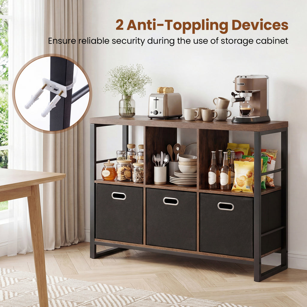 6 Cube Industrial Short Bookshelf with 3 Bins & Metal Frame and Open