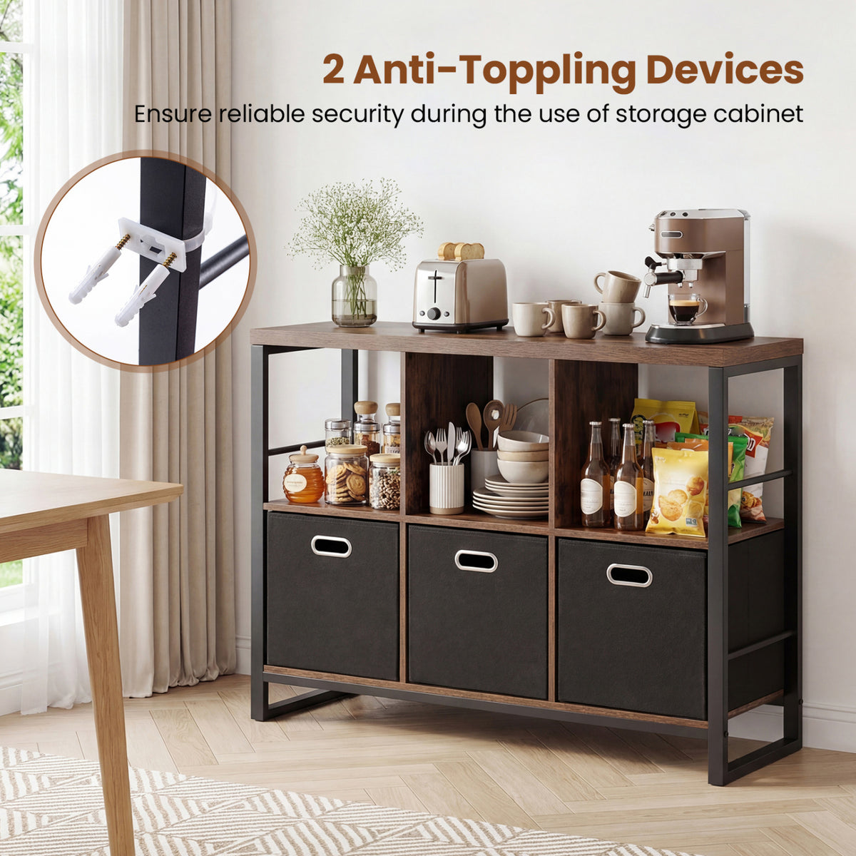 6 Cube Industrial Short Bookshelf with 3 Bins & Metal Frame and Open