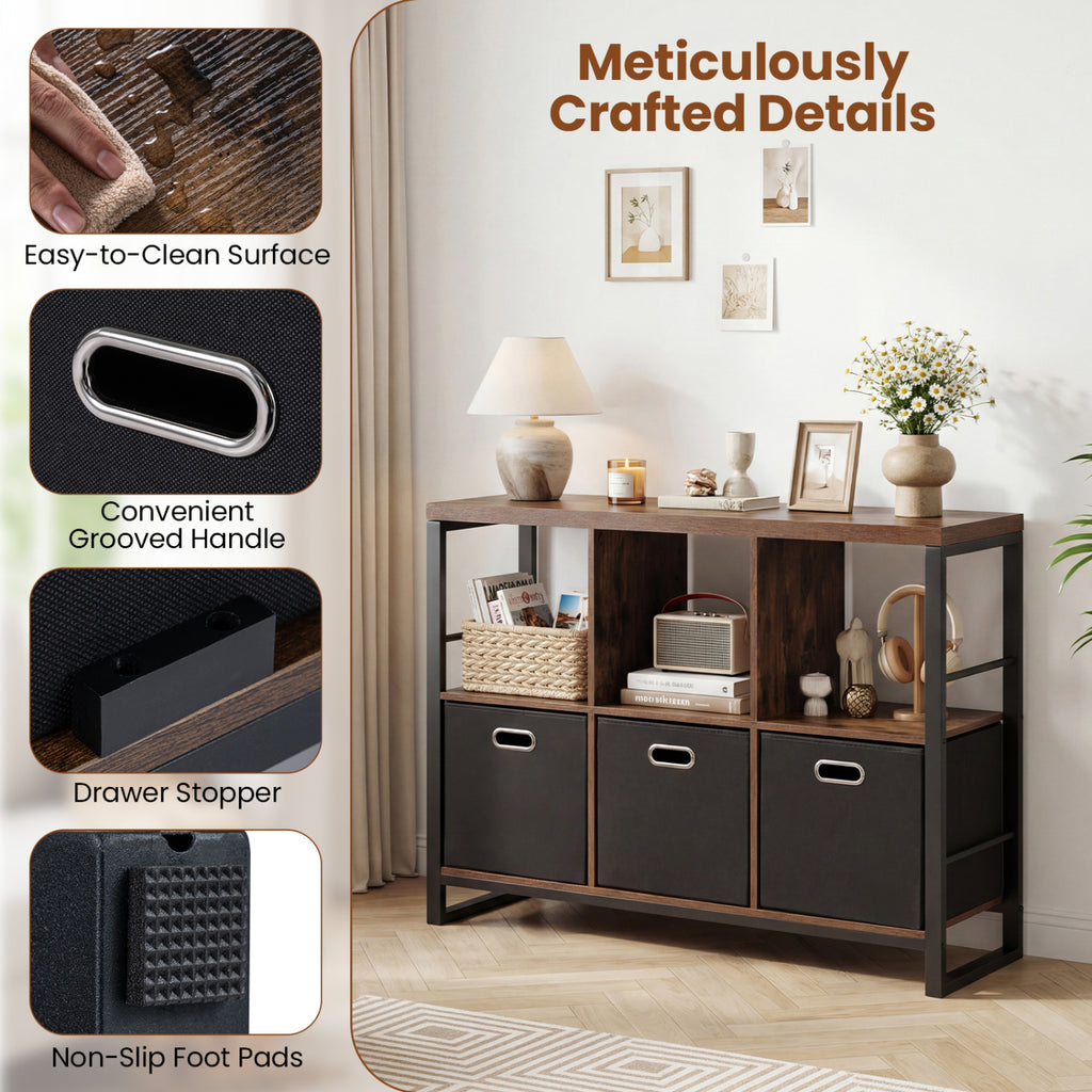 6 Cube Industrial Short Bookshelf with 3 Bins & Metal Frame and Open