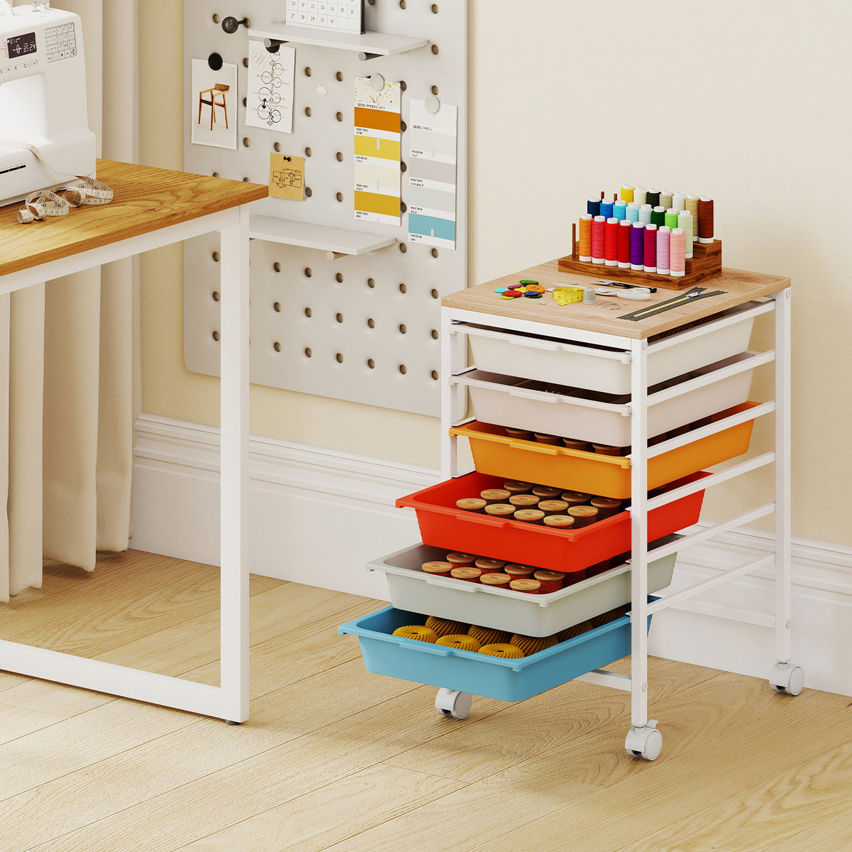 6-Drawer Rolling Storage Cart with Wooden Tabletop - White