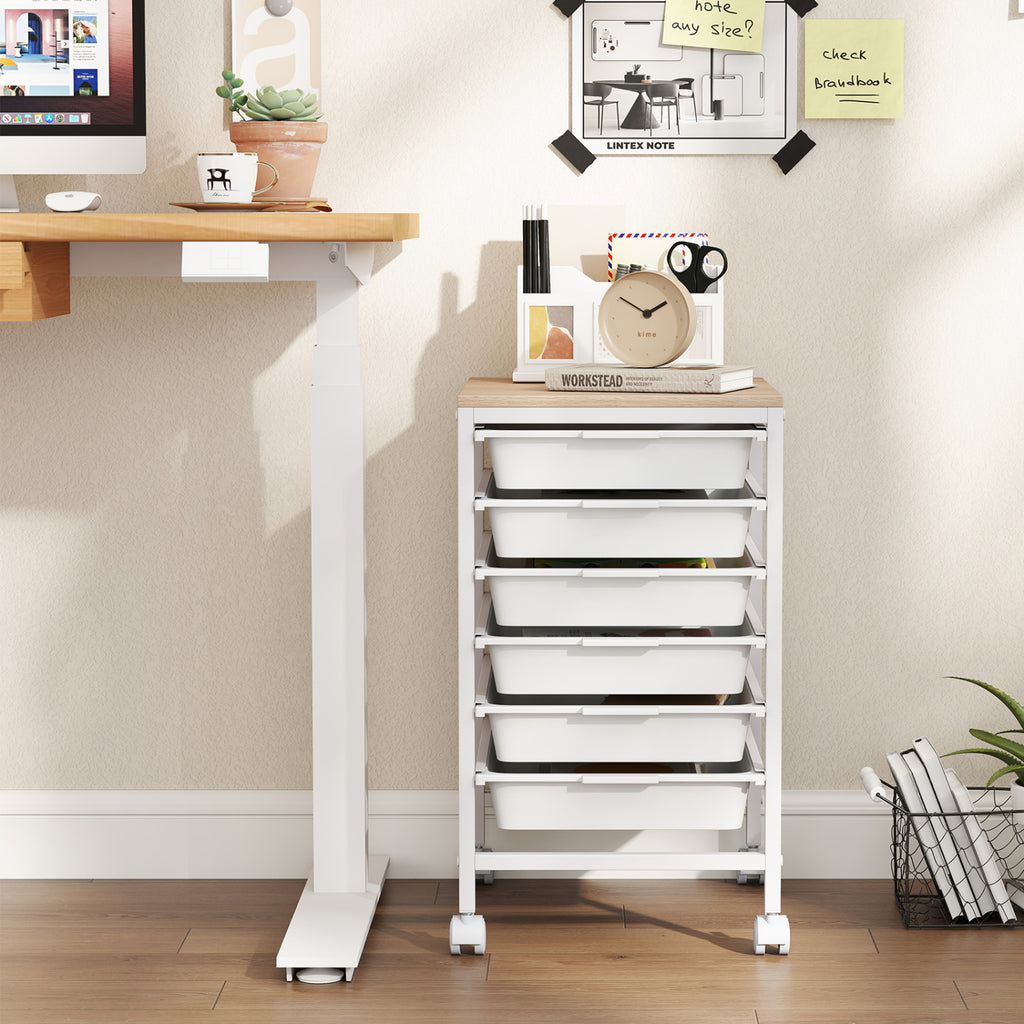 6-Drawer Rolling Storage Cart with Wooden Tabletop - White