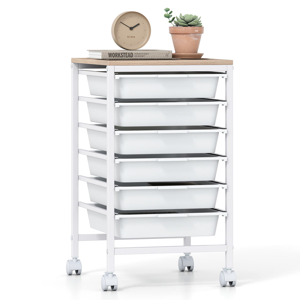 6-Drawer Rolling Storage Cart with Wooden Tabletop - White