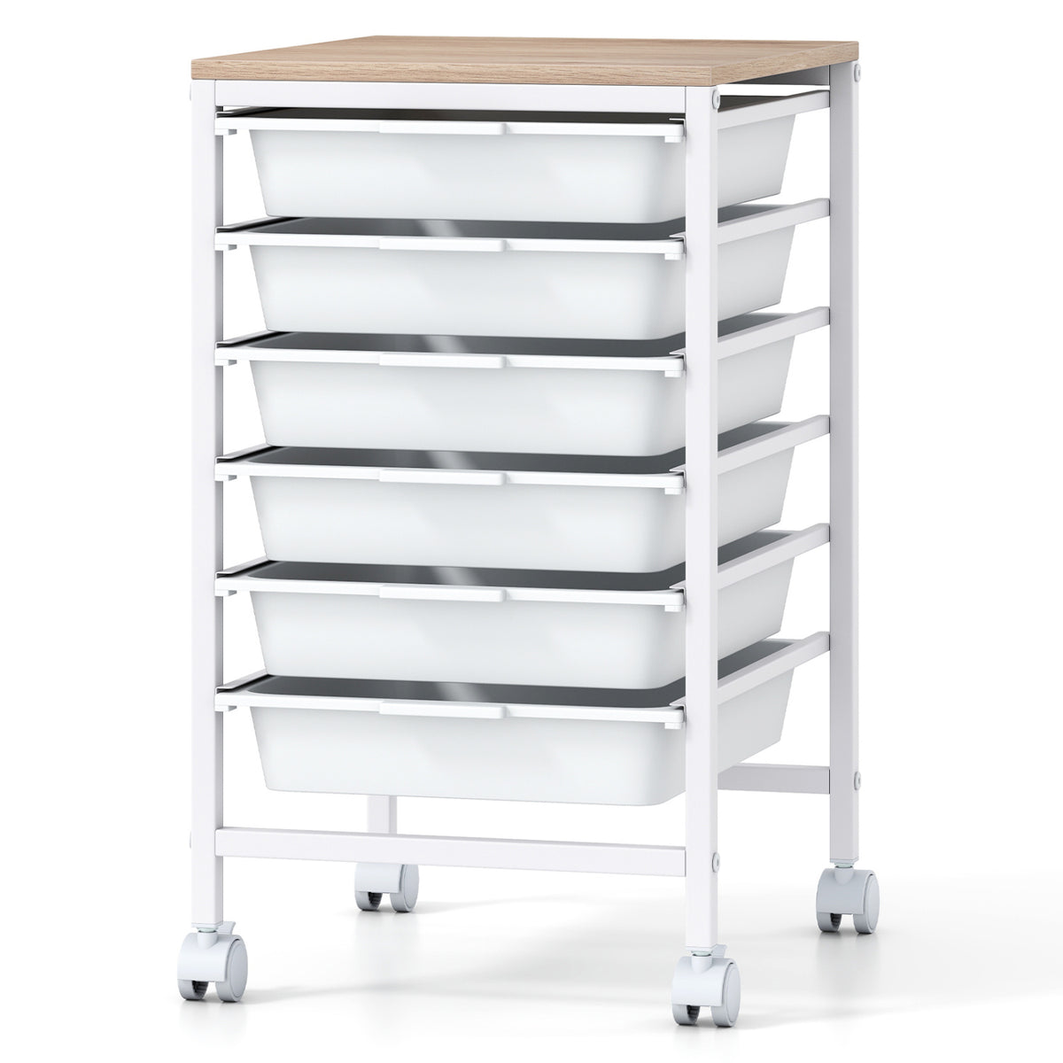 6-Drawer Rolling Storage Cart with Wooden Tabletop - White