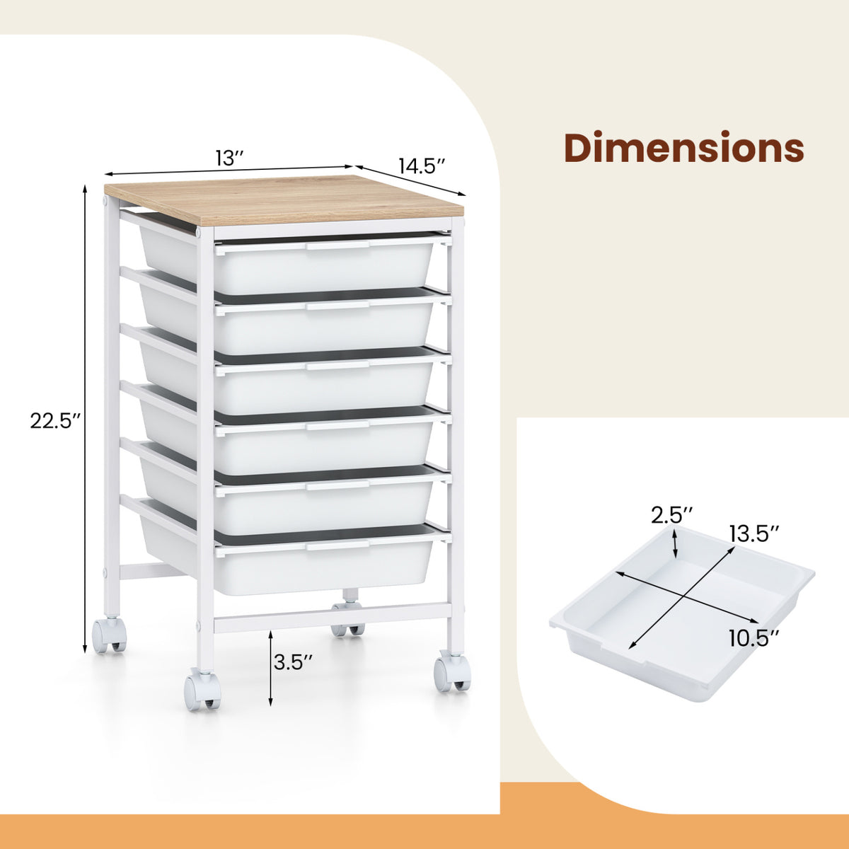 6-Drawer Rolling Storage Cart with Wooden Tabletop - White
