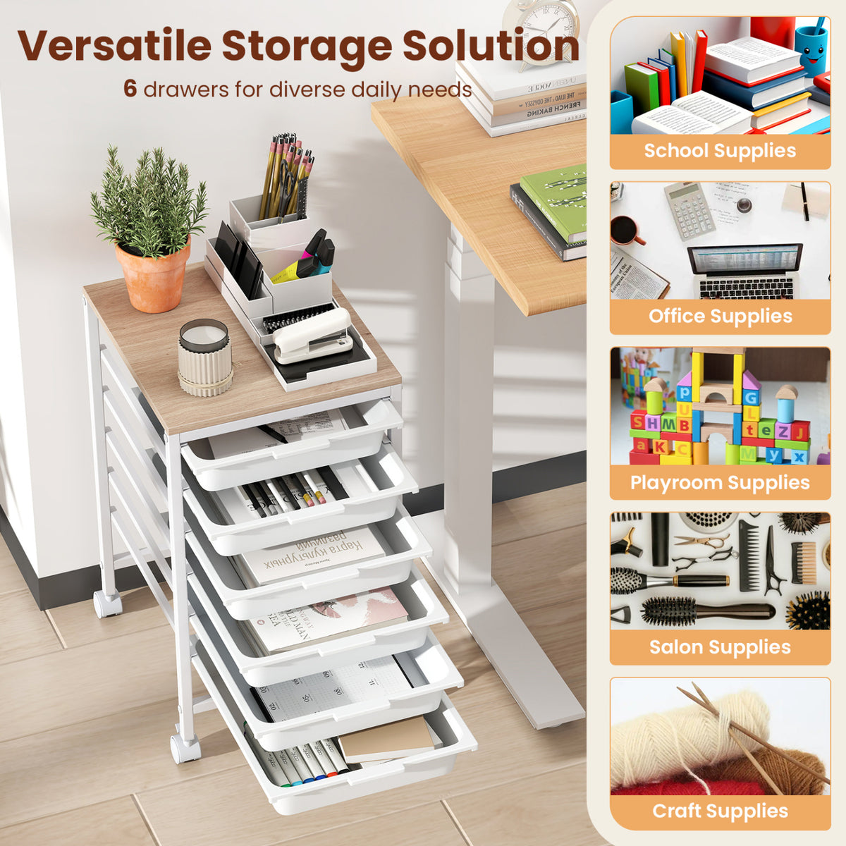 6-Drawer Rolling Storage Cart with Wooden Tabletop - White