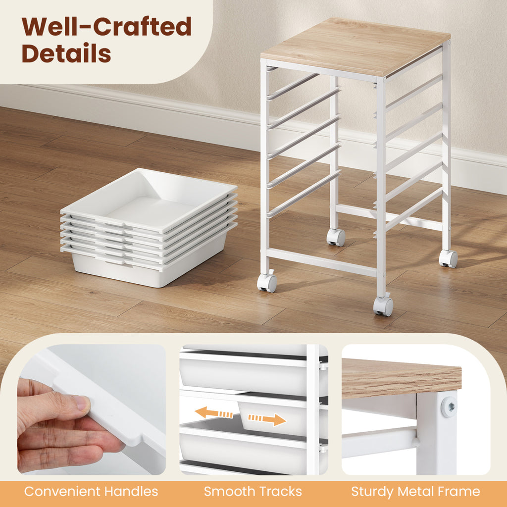 6-Drawer Rolling Storage Cart with Wooden Tabletop - White