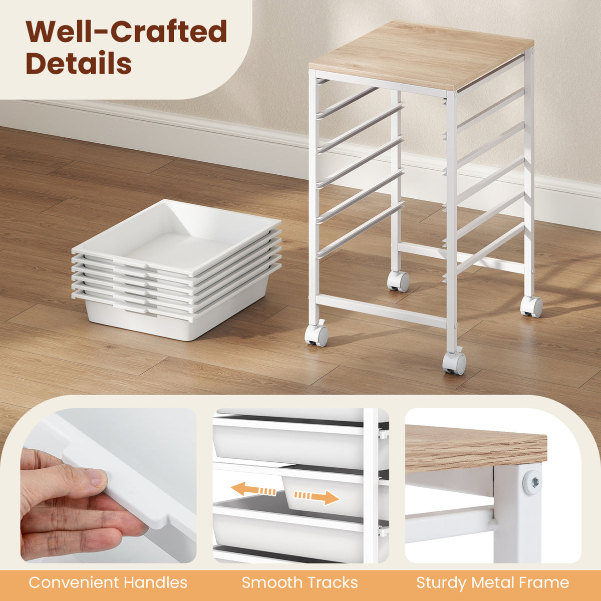 6-Drawer Rolling Storage Cart with Wooden Tabletop - White