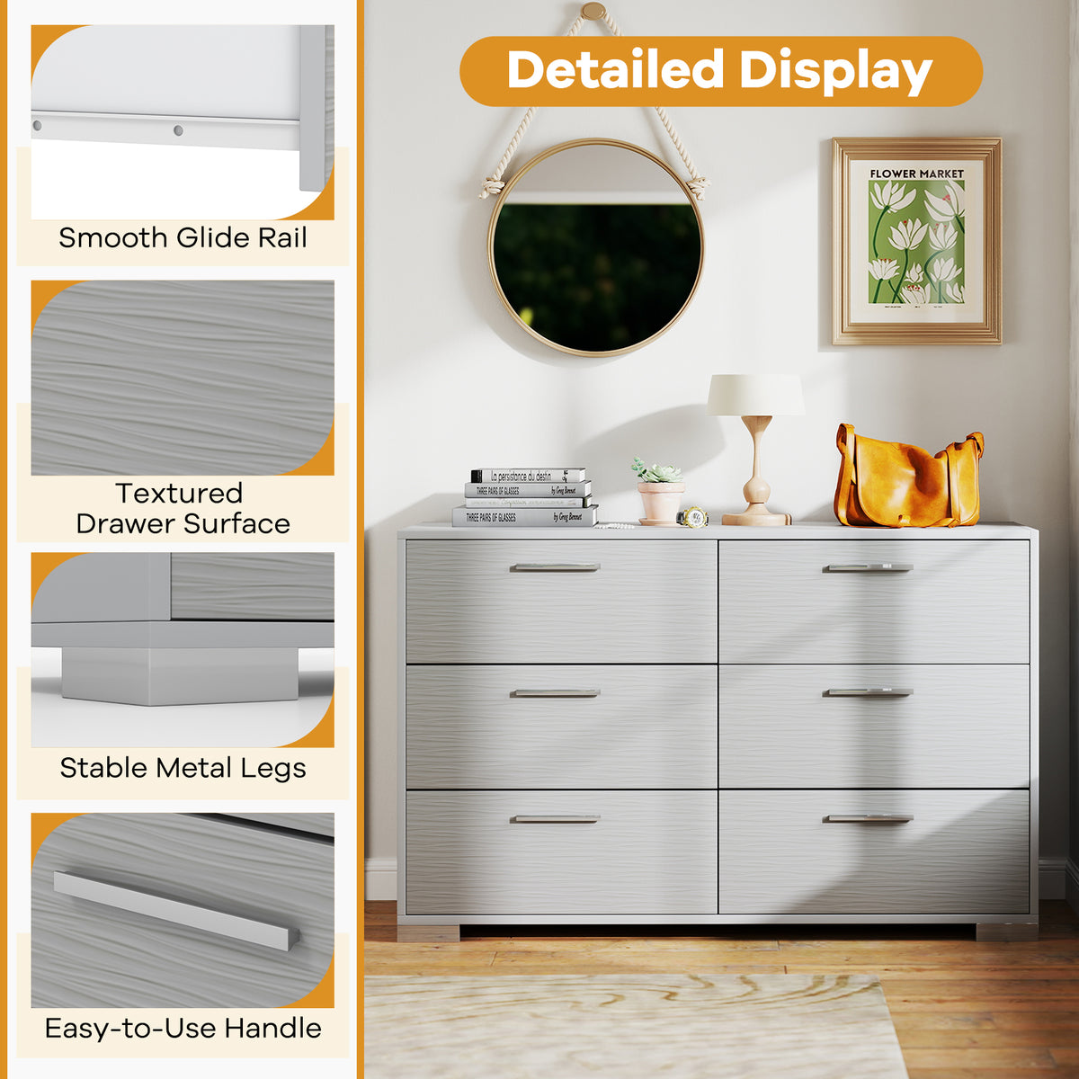 6 Drawer Storage Cabinet with Metal Legs - Gray