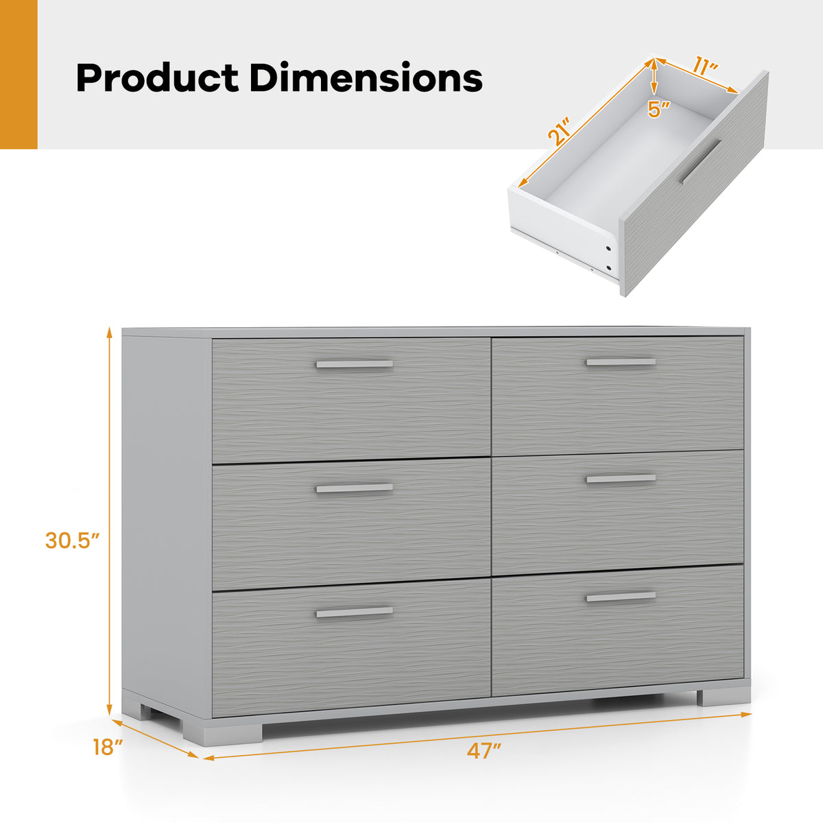 6 Drawer Storage Cabinet with Metal Legs - Gray