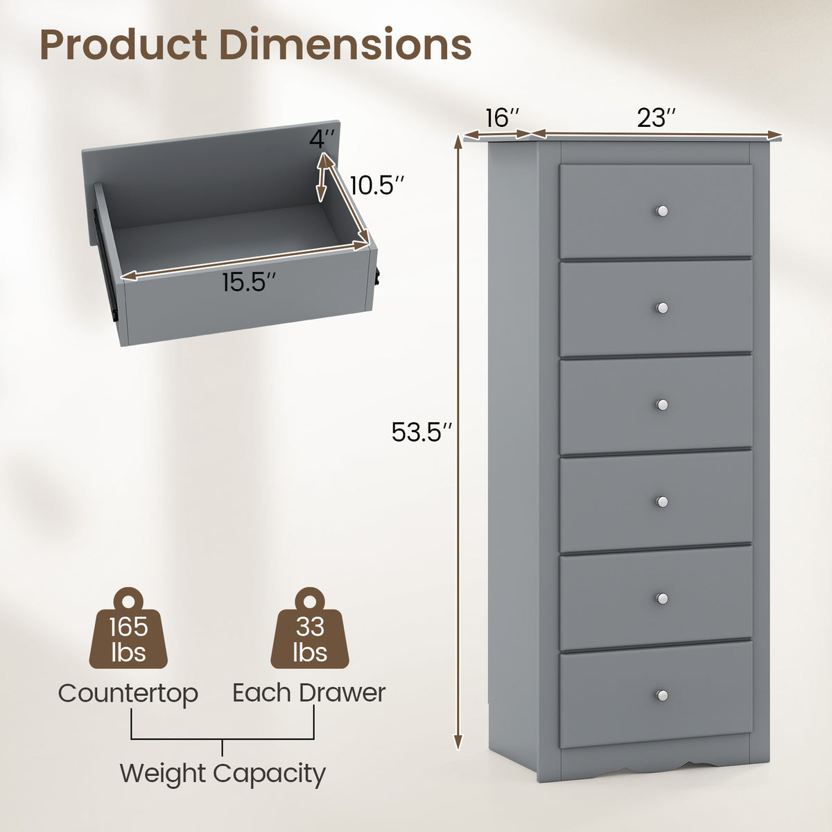 6 Drawer Chest Dresser, Gray